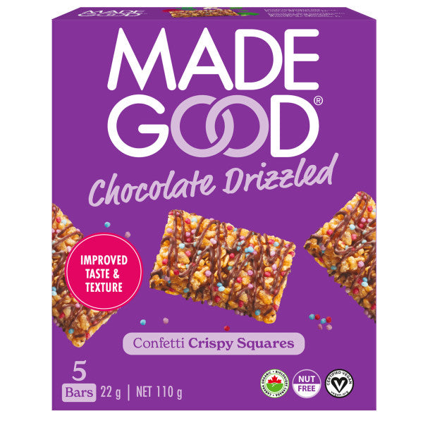 A box MadeGood chocolate drizzled confetti crispy squares