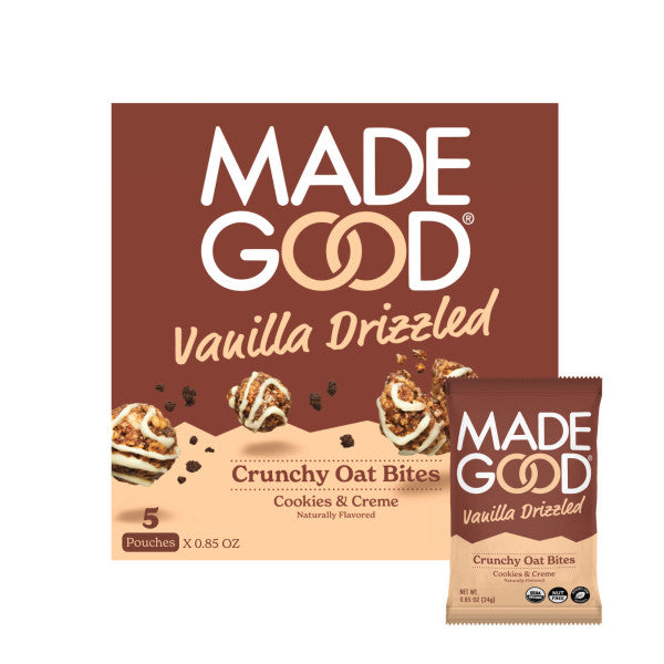 A box of MadeGood vanilla drizzled crunchy oat bites in cookies & creme flavour