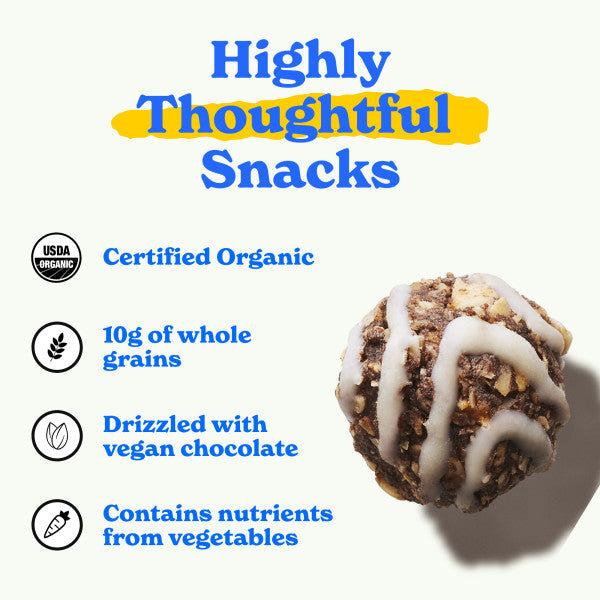 Highly thoughtful snacks: certified organic, 10g of whole grains, drizzled with vegan chocolate, contains nutrients from vegetables