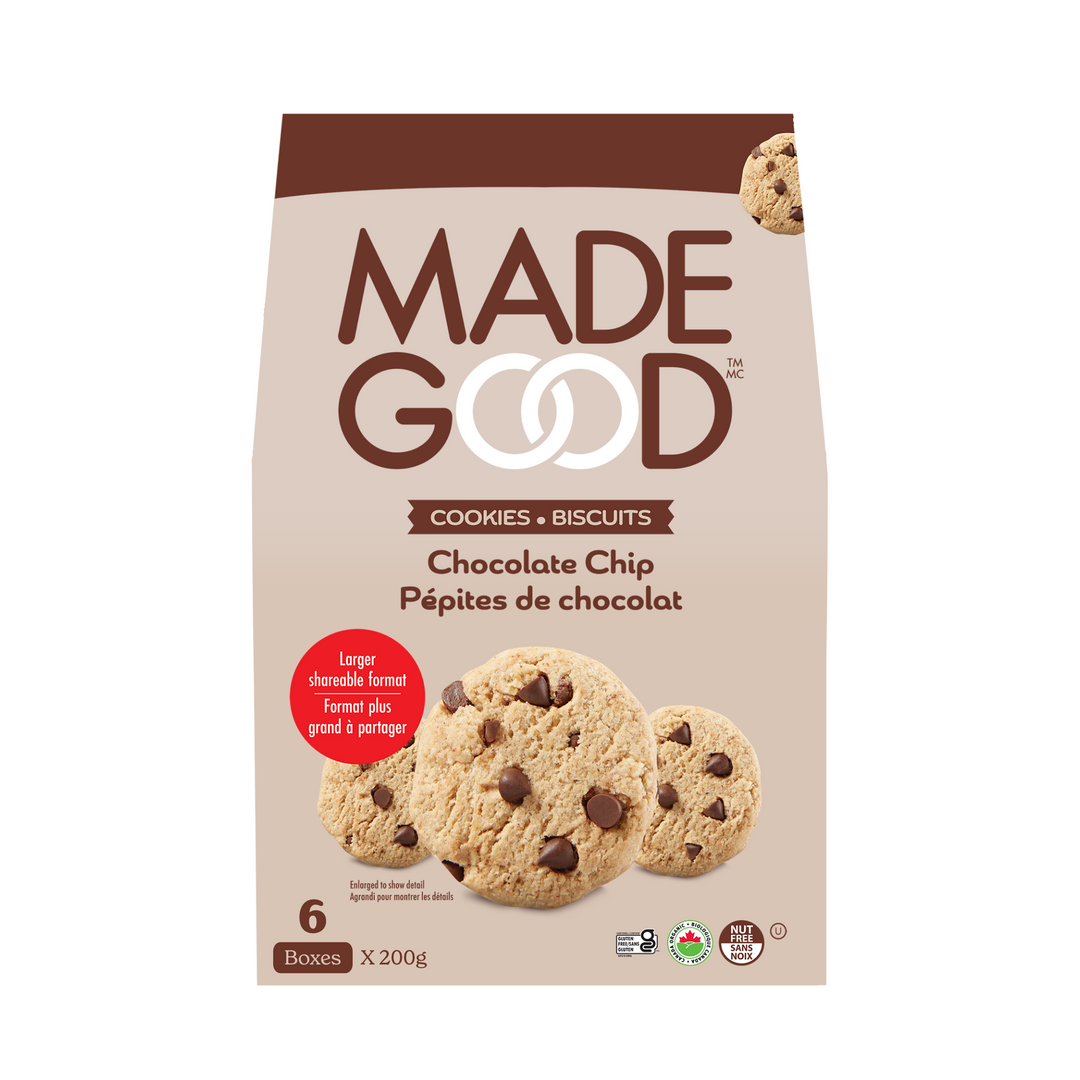 6 boxes of MadeGood chocolate chip cookies in a larger shareable format