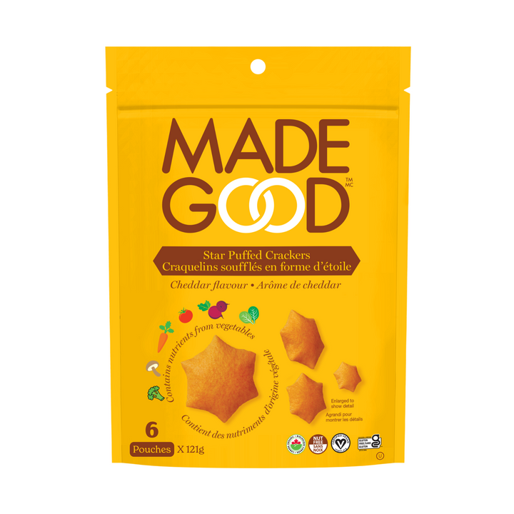 6 pouches of MadeGood star puffed crackers cheddar flavour