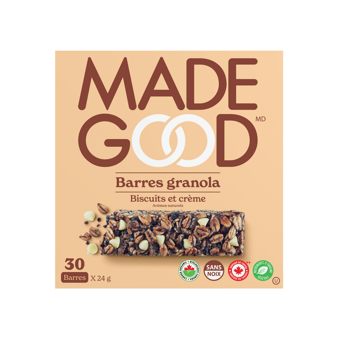 une boite avec 30 barres de MadeGood barres granola saveur de biscuits et creme