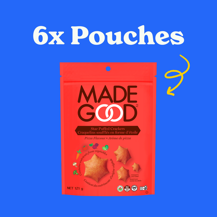 6 pouches of MadeGood star puffed crackers in pizza flavour