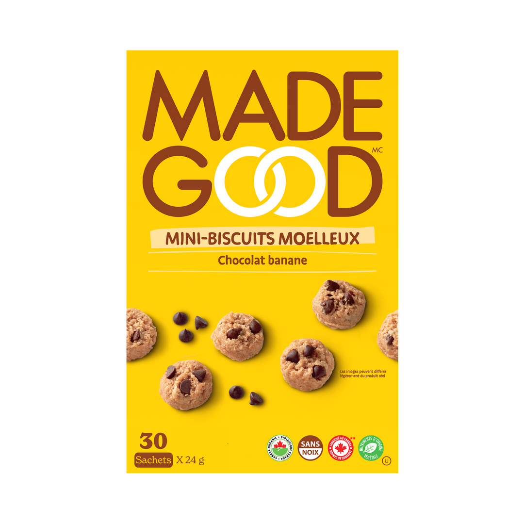 Une boite avec 30 sachets de MadeGood mini-biscuits moelleux saveur chocolate banane