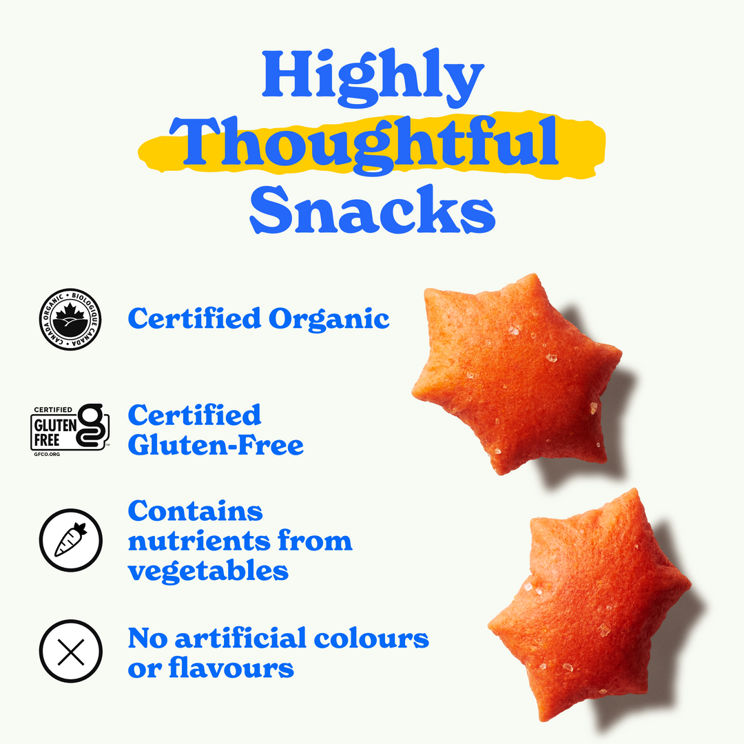 Highly thoughtful snacks: certified organic, certified gluten-free, contains nutrients from vegetables, no artificial colors or flavours