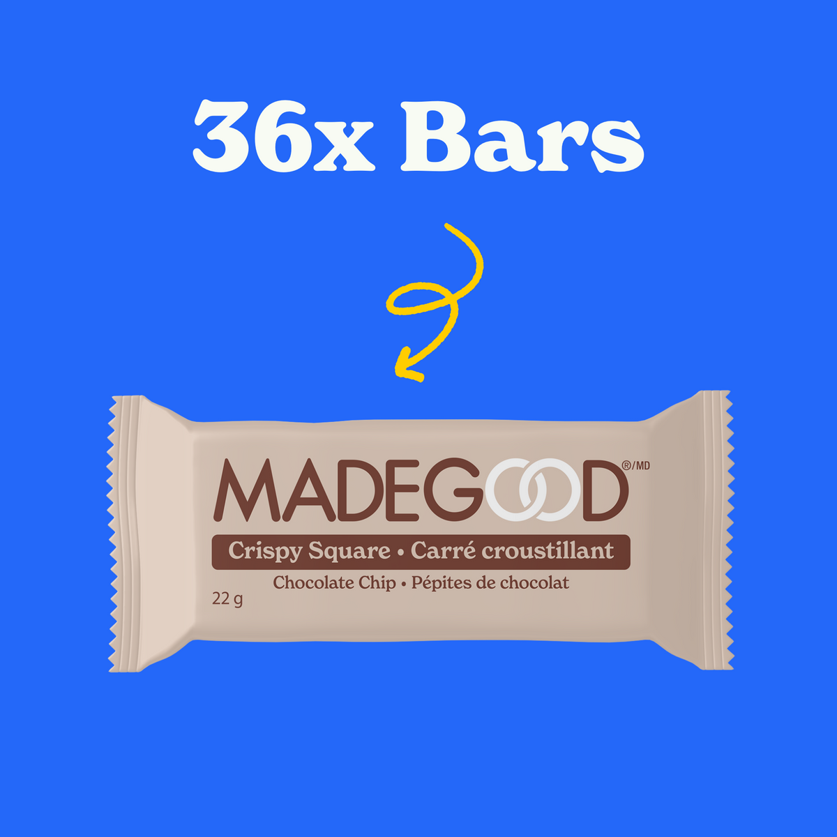 36 count of MadeGood chocolate chip crispy squares