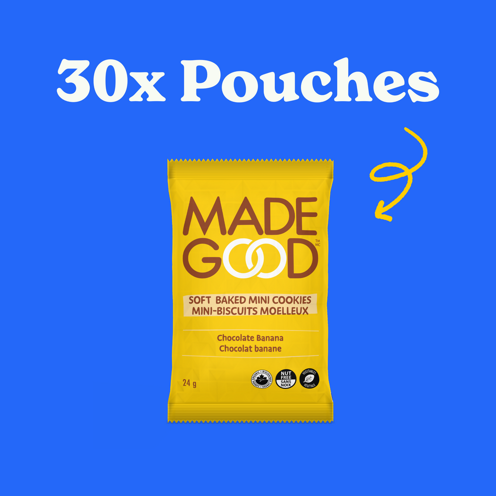 30 pouches of MadeGood soft baked mini cookies in chocolate banana flavour