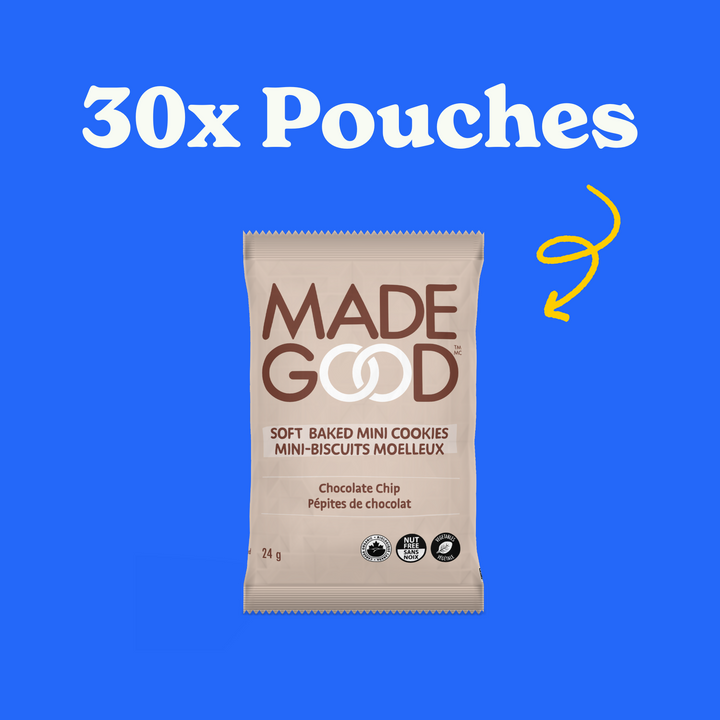 30 pouches of MadeGood soft baked chocolate chip mini cookies