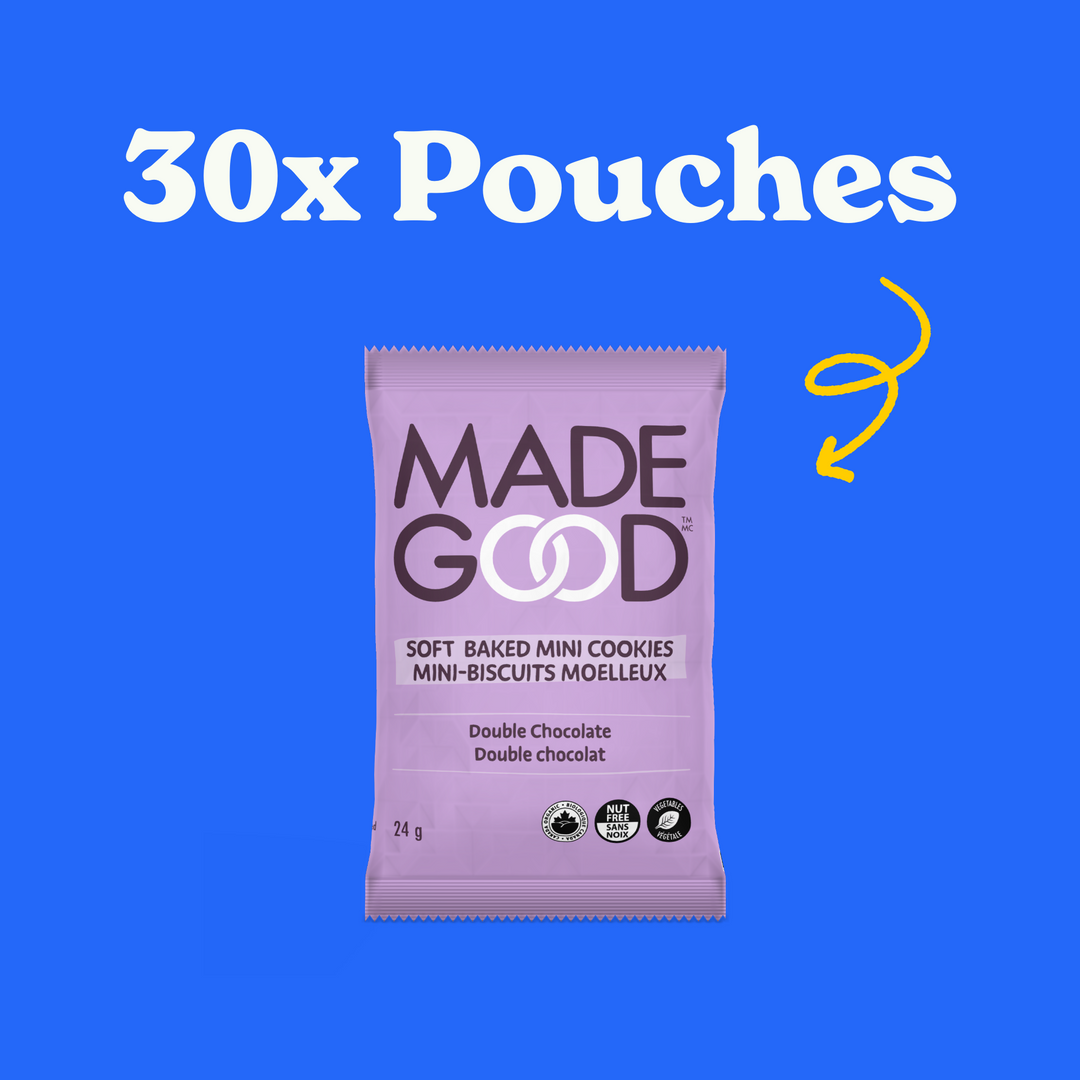 30 pouches of MadeGood soft baked double chocolate mini cookies