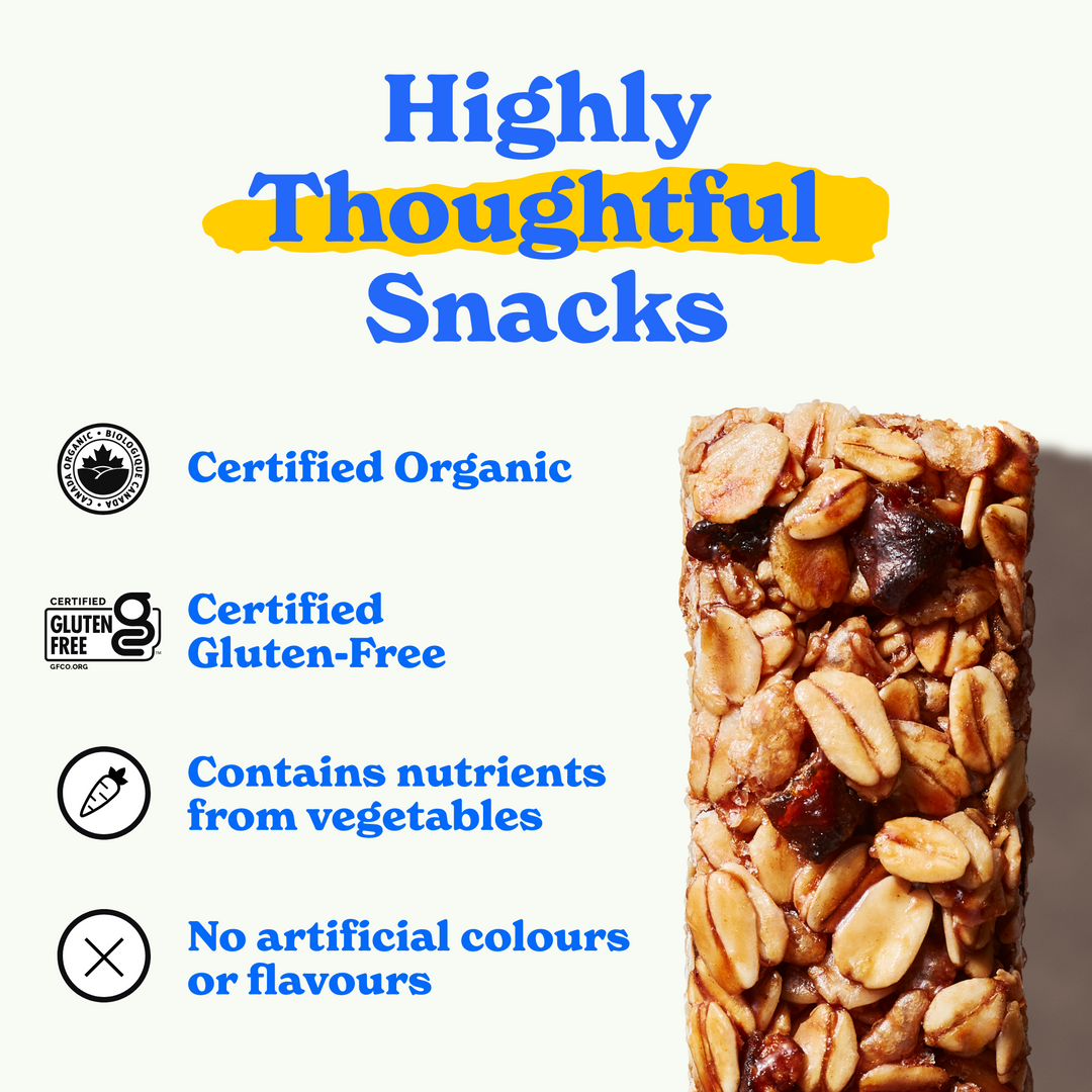 "Highly thoughtful snacks: certified organic, certified gluten-free, contains nutrients from vegetables, no artificial colors or flavors "