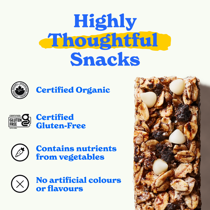 Highly thoughtful snacks: certified organic, certified gluten-free, contains nutrients from vegetables, no artificial colors or flavours