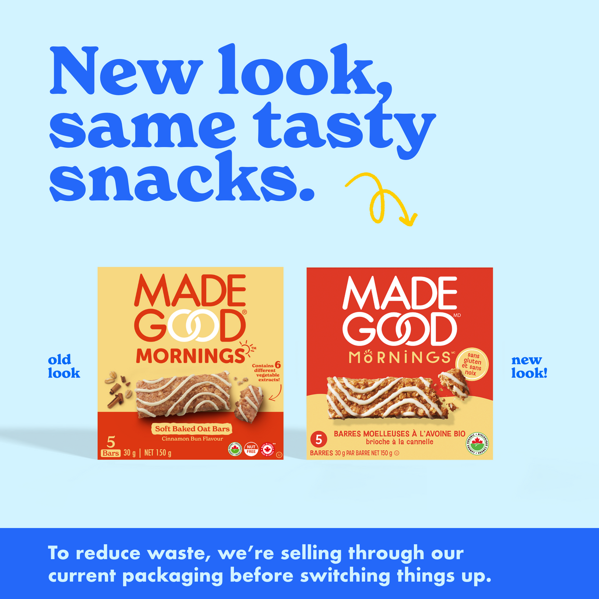 Two 'Made Good' snack bar packages with text indicating a new look and old look comparison on a blue background.