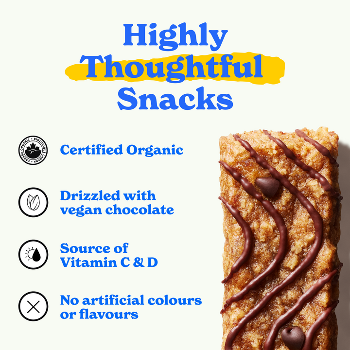 Highly thoughtful snacks: certified organic, drizzled with vegan chocolate, source of vitamin C & D, no artificial colours of flavours