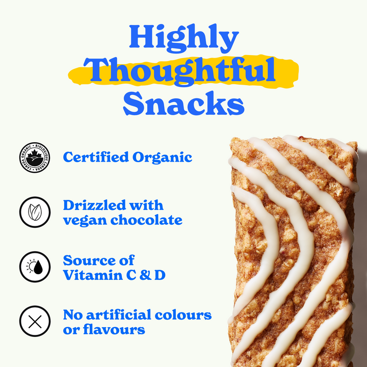Highly thoughtful snacks: certified organic, drizzled with vegan chocolate, source of vitamin C & D, no artificial colours of flavours