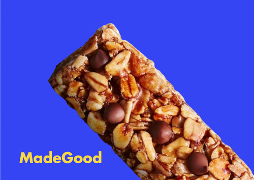 Image of an unwrapped granola bar and a blue background