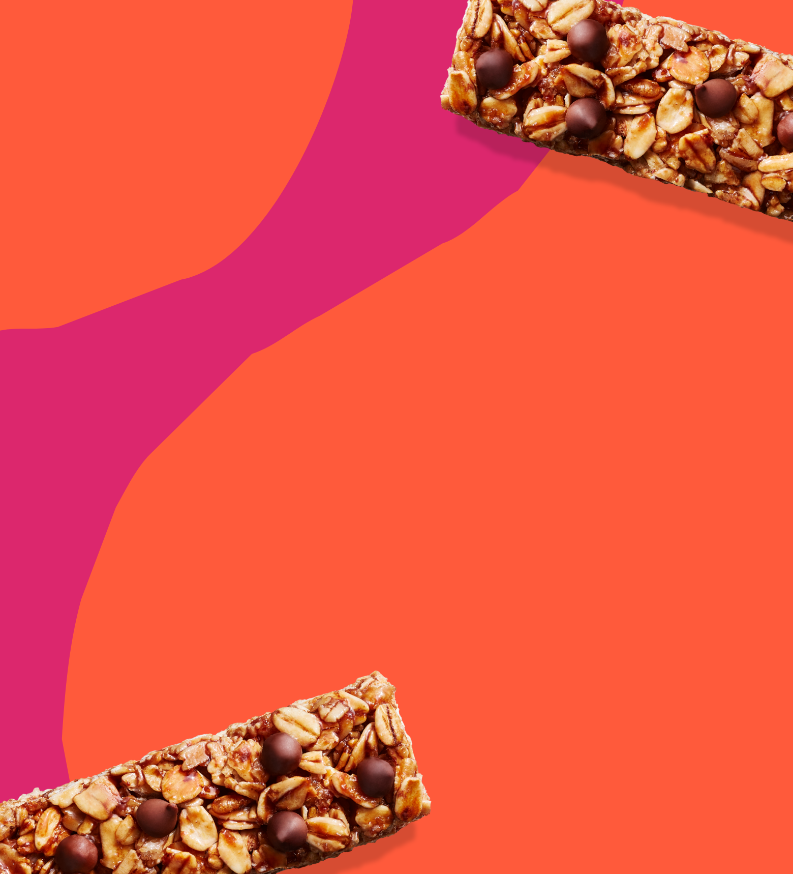 Two MadeGood Chocolate Chip granola bars on a vibrant orange and pink abstract background 