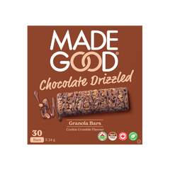 A box with 30 bars of MadeGood chocolate drizzled cookie crumble granola bar