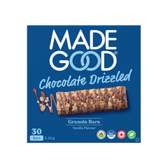 A box of MadeGood chocolate drizzled granola bar in vanilla flavour