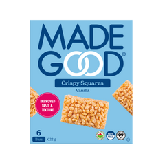 A box of MadeGood vanilla crispy squares