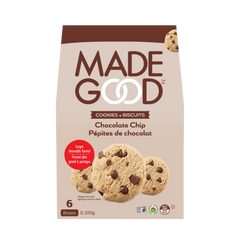 Alt-text: A beige package of MadeGood Chocolate Chip Cookies is displayed. The brand name is in bold uppercase letters with interlocking "O"s. Below, "Cookies • Biscuits" and "Chocolate Chip" appear in English and French. An image of chocolate chip cookies is at the bottom. A red label highlights a "Larger shareable format." The package states it contains six boxes (200g each) and includes certifications such as organic and nut-free.