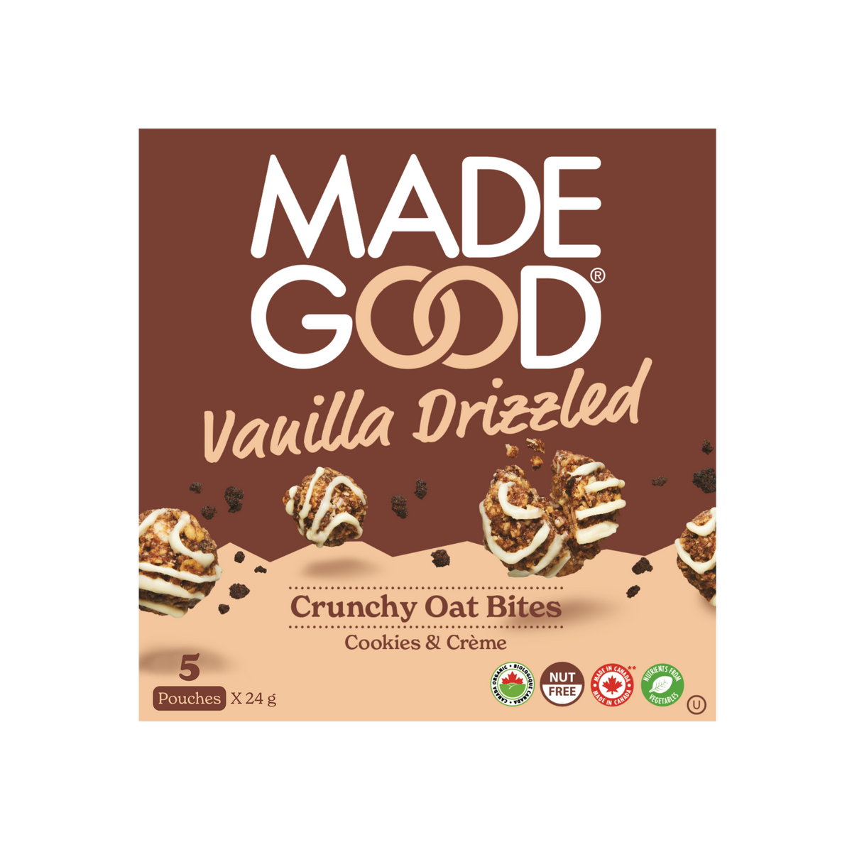 Box of MadeGood Vanilla Drizzled Granola Bites in Cookies & Creme