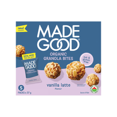 A box of MadeGood Vanilla Latte Organic Granola Bites. The packaging is blue and lavender, featuring images of granola bites and a small pouch with "50% MORE bites per pack" highlighted. Labels indicate the product is nut-free, gluten-free, organic, and a source of fiber. The box contains 5 packs of 37g each.