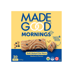 A box of 30 MadeGood mornings blueberry soft baked oat bars