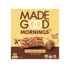 A box of 30 MadeGood mornings chocolate chip soft baked oat bars.