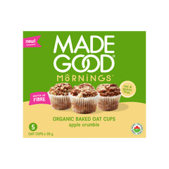 Packaging of "Made Good Mornings Organic Baked Oat Cups" in apple crumble flavor, featuring three oat cups. Labeled nut and gluten-free.