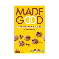 A box with 30 pouches of MadeGood soft baked mini cookies in chocolate banana flavour