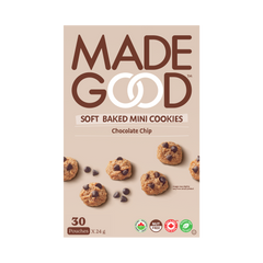 A box with 30 pouches of MadeGood soft baked chocolate chip mini cookies