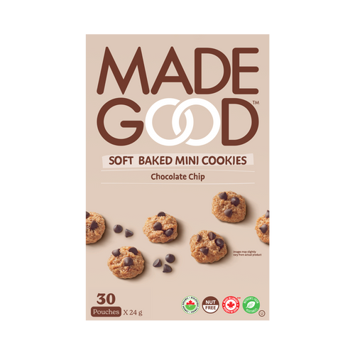 A box with 30 pouches of MadeGood soft baked chocolate chip mini cookies