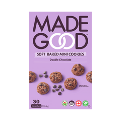 A box with 30 pouches of MadeGood soft baked double chocolate mini cookies