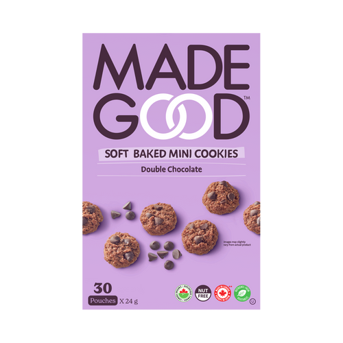 A box with 30 pouches of MadeGood soft baked double chocolate mini cookies