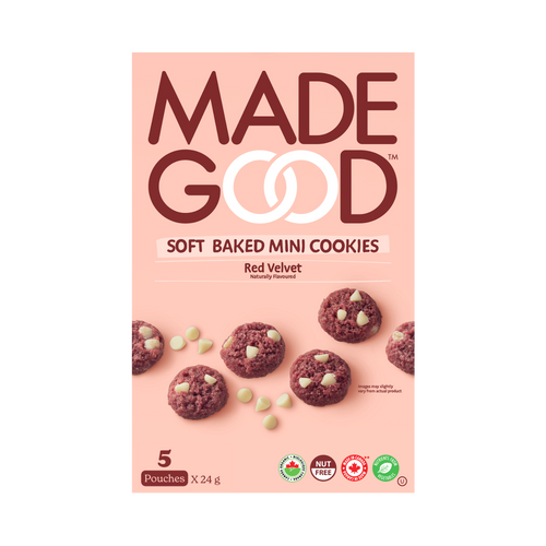 A box of MadeGood red velvet soft baked mini cookies