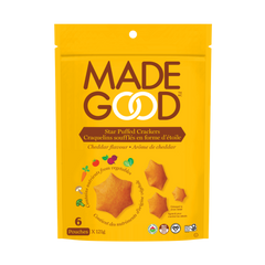Yellow bag of Made Good Star Puffed Crackers in cheddar flavor. Features star-shaped crackers, vegetables, and nutrition badges. Contains six pouches.