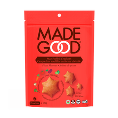 Alt-text: "A red package of MadeGood Star Puffed Crackers in Pizza Flavour. The packaging features the MadeGood logo at the top, with the product name in both English and French. Below, an image of the star-shaped crackers is shown along with illustrations of vegetables, indicating they contain nutrients from vegetables. The package states it contains six pouches (121g total) and includes certification icons for being organic, gluten-free, and nut-free."