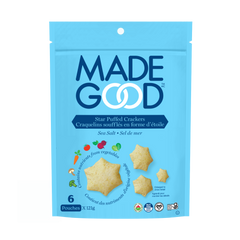Blue package of Made Good Star Puffed Crackers in sea salt flavor. Features vegetable icons and star-shaped crackers. Nutrient-rich, resealable bag.