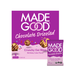 A box of MadeGood chocolate drizzled Granola Bites in Birthday Cake flavor