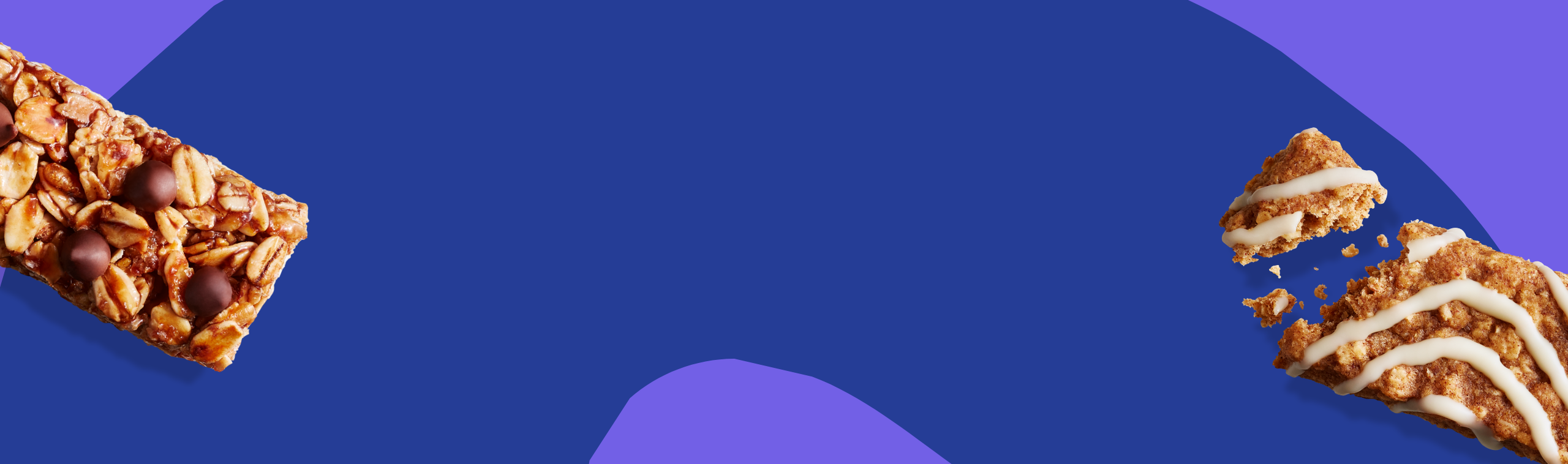 Two MadeGood Morning Bars (in Cinnamon Bun and Chocolate Chip flavours) on an abstract blue background.