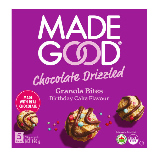 A product box of MadeGood chocolate drizzled granola bites in Birthday cake flavour