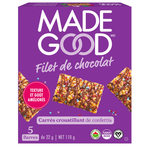 une boite de MadeGood filet de chocolat saveur de carres croustillant de confettis