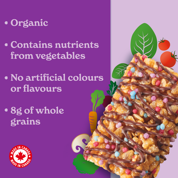 Organic, contains nutrients from vegetables, no artificial flavours, 8g of whole grains