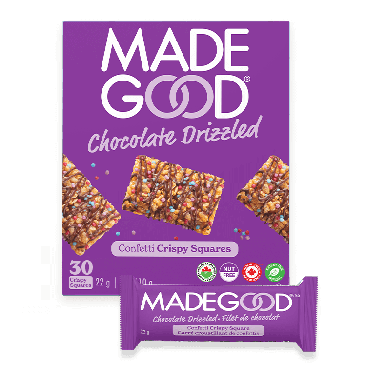 Image of 36 count Confetti Chocolate Drizzled Crispy Squares, 22 grams per crispy square.