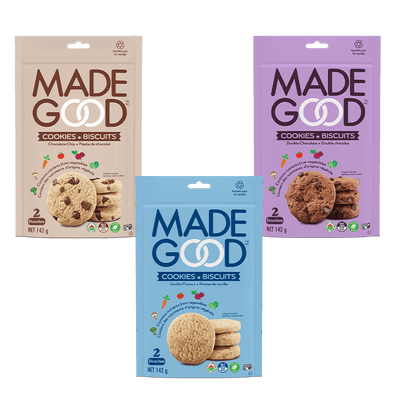 Images left to right Chocolate Chip cookies, Vanilla cookies and Double Chocolate cookies 142 grams per pouch, 6 pouches total